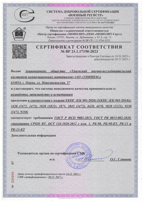 Сертификат ВР 21.1.17190-2023